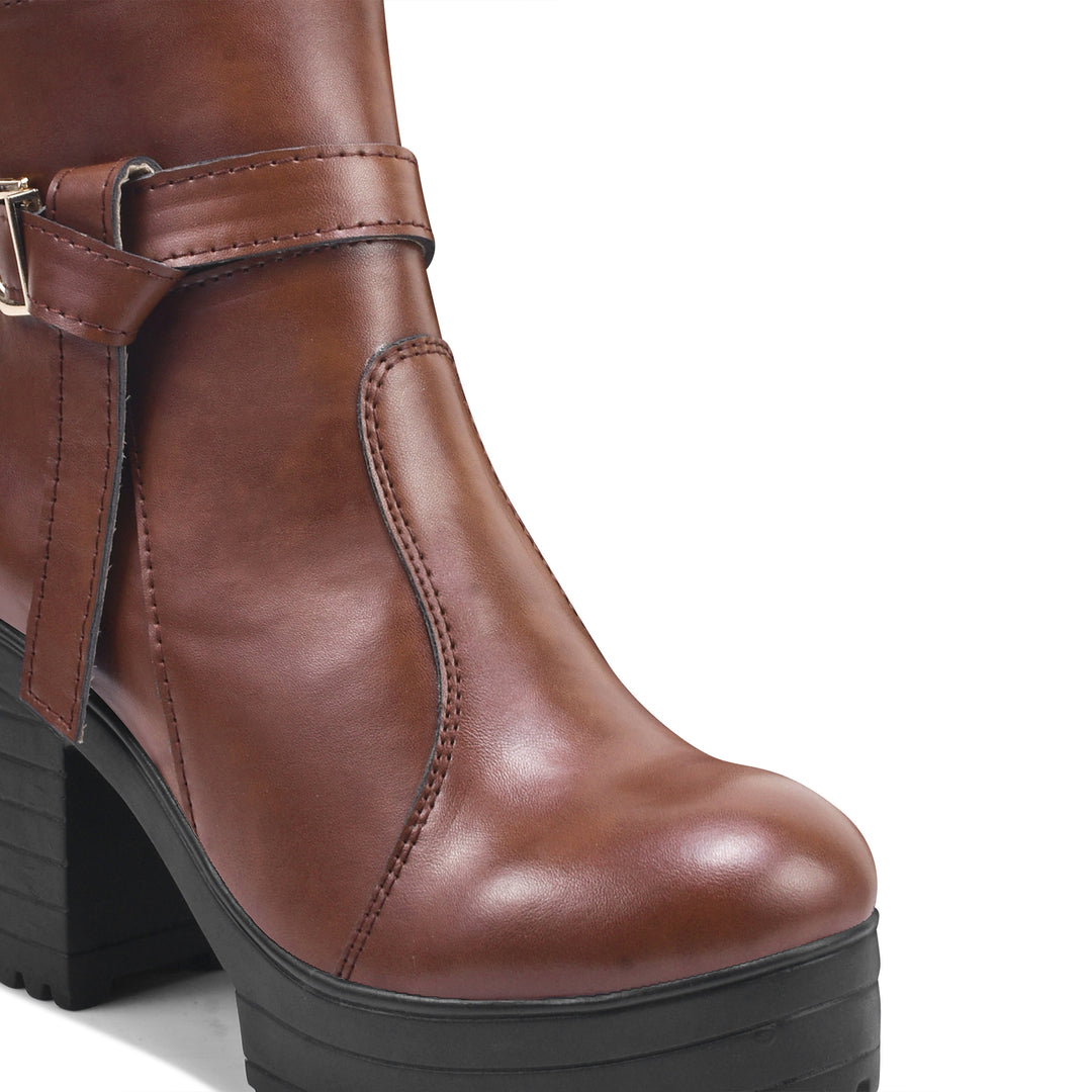 Padchin Women's Block Heel Boot | High ankle Monk Strap Tan Boots for Women