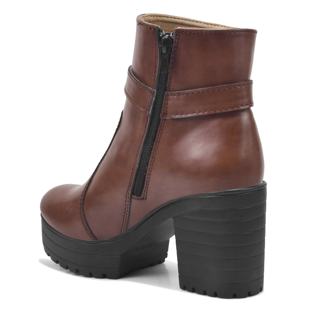 Padchin Women's Block Heel Boot | High ankle Monk Strap Tan Boots for Women