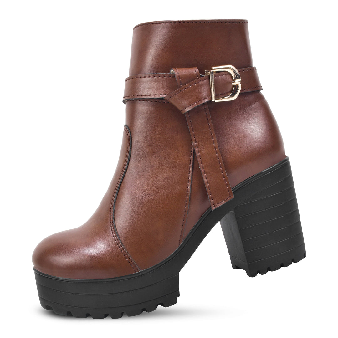 Padchin Women's Block Heel Boot | High ankle Monk Strap Tan Boots for Women