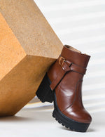 Load image into Gallery viewer, Padchin Women&#39;s Block Heel Boot | High ankle Monk Strap Tan Boots for Women
