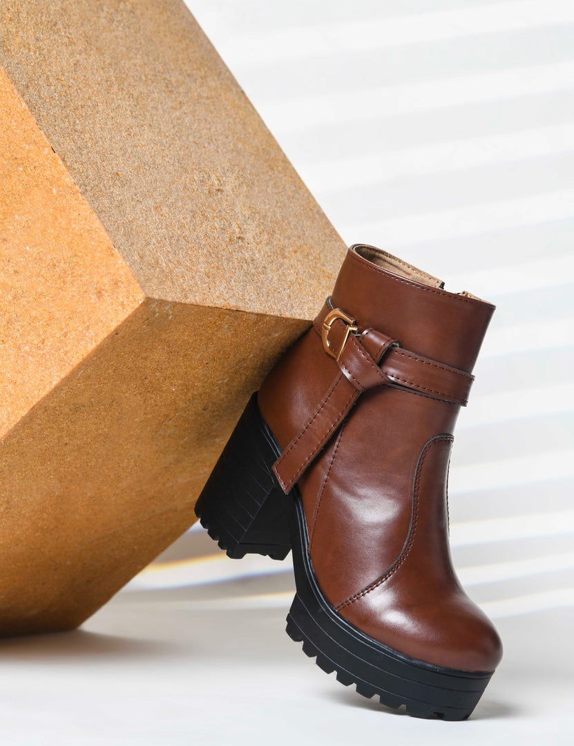 Padchin Women's Block Heel Boot | High ankle Monk Strap Tan Boots for Women