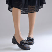 Women's Bow Detail Loafers Slip-On Square Toe Flat Loafer Shoes
