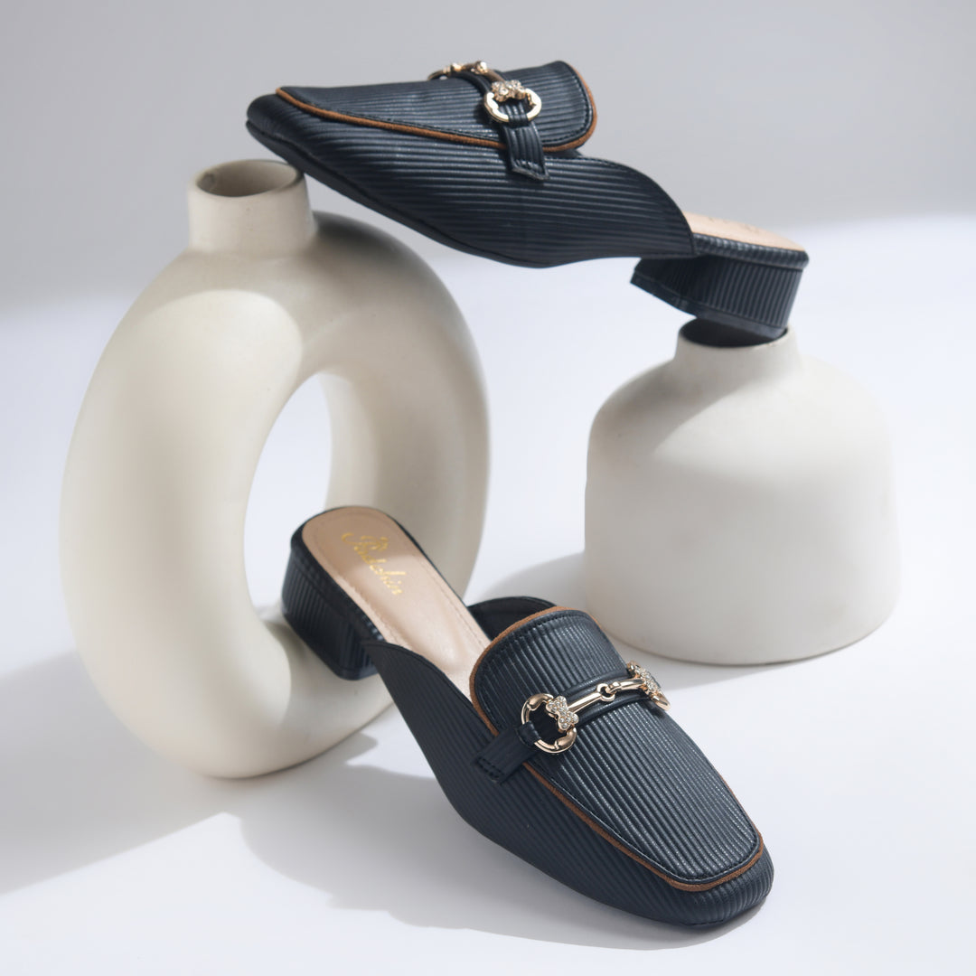 Women's Square Toe Block Heel Mules with Horsebit Detail Slip-On Mules Shoes