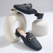 Women's Square Toe Block Heel Mules with Horsebit Detail Slip-On Mules Shoes