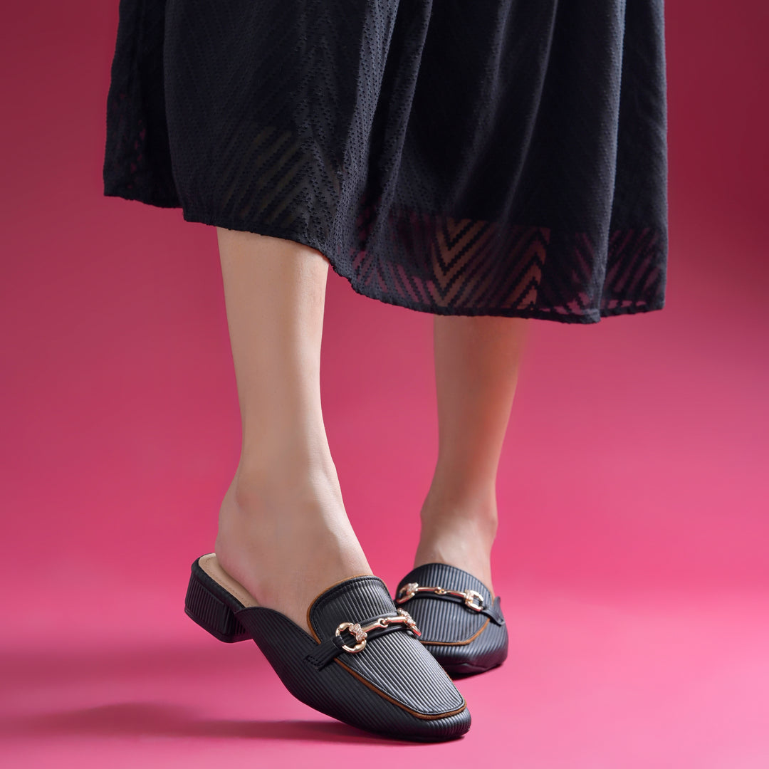 Women's Square Toe Block Heel Mules with Horsebit Detail Slip-On Mules Shoes