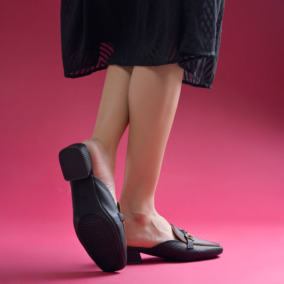 Women's Square Toe Block Heel Mules with Horsebit Detail Slip-On Mules Shoes