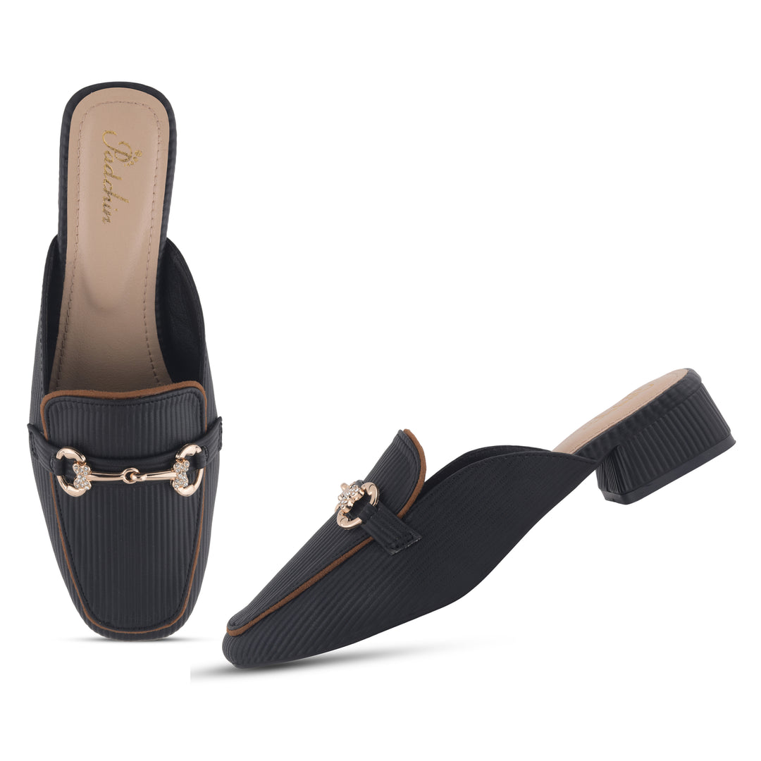 Women's Square Toe Block Heel Mules with Horsebit Detail Slip-On Mules Shoes