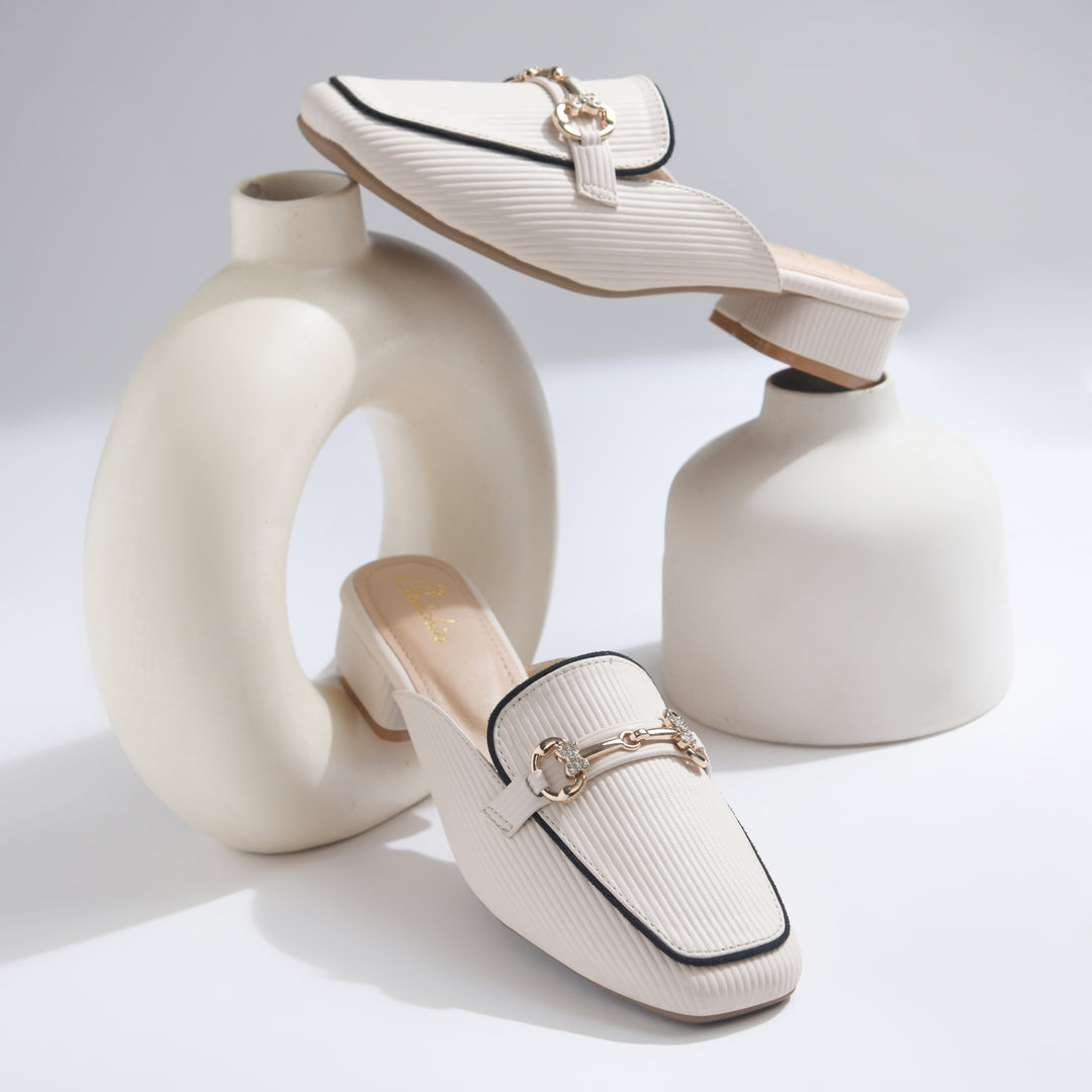 Women's Square Toe Block Heel Mules with Horsebit Detail Slip-On Mules Shoes