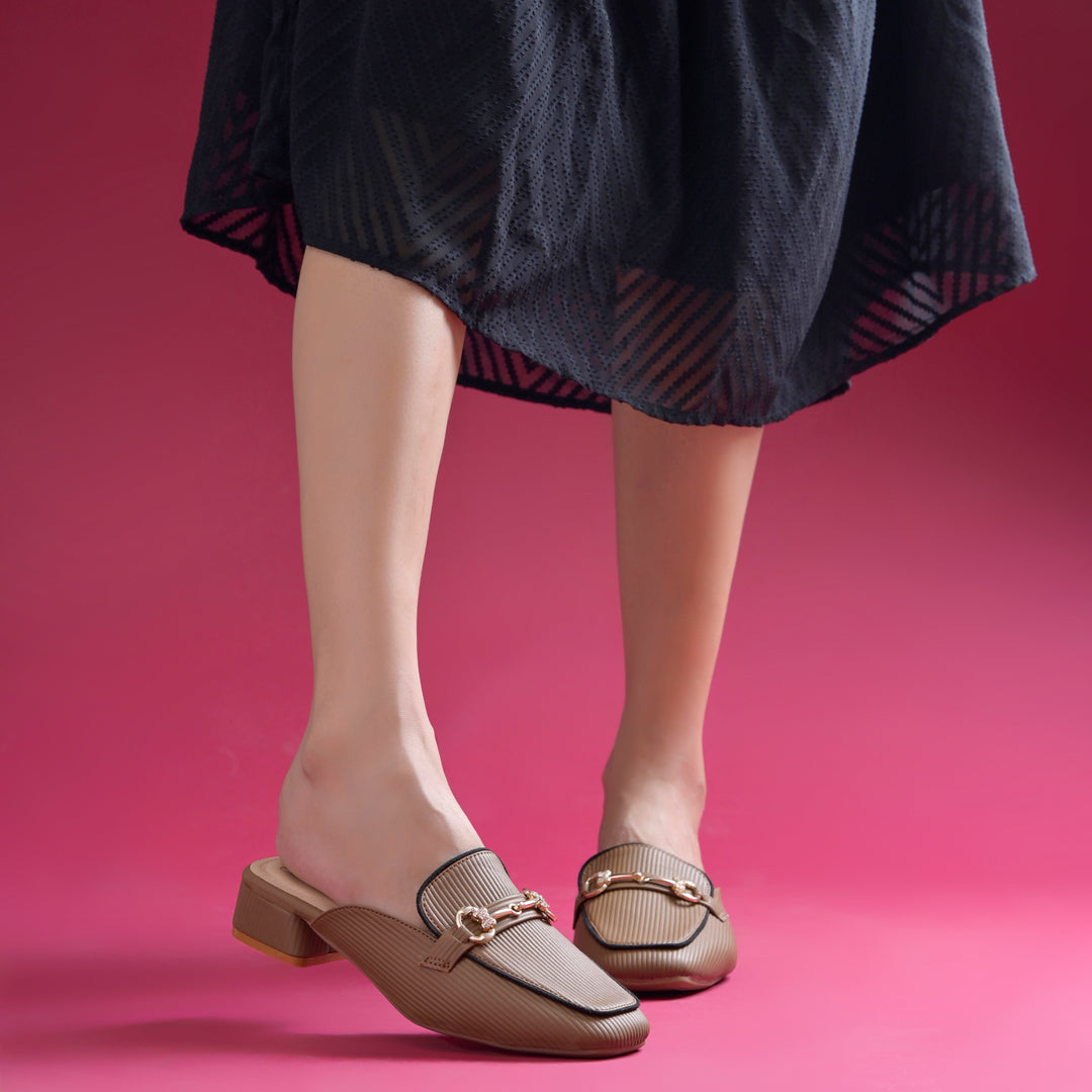Women's Square Toe Block Heel Mules with Horsebit Detail Slip-On Mules Shoes