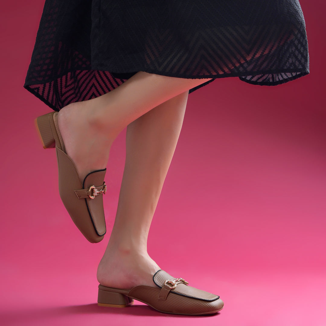 Women's Square Toe Block Heel Mules with Horsebit Detail Slip-On Mules Shoes