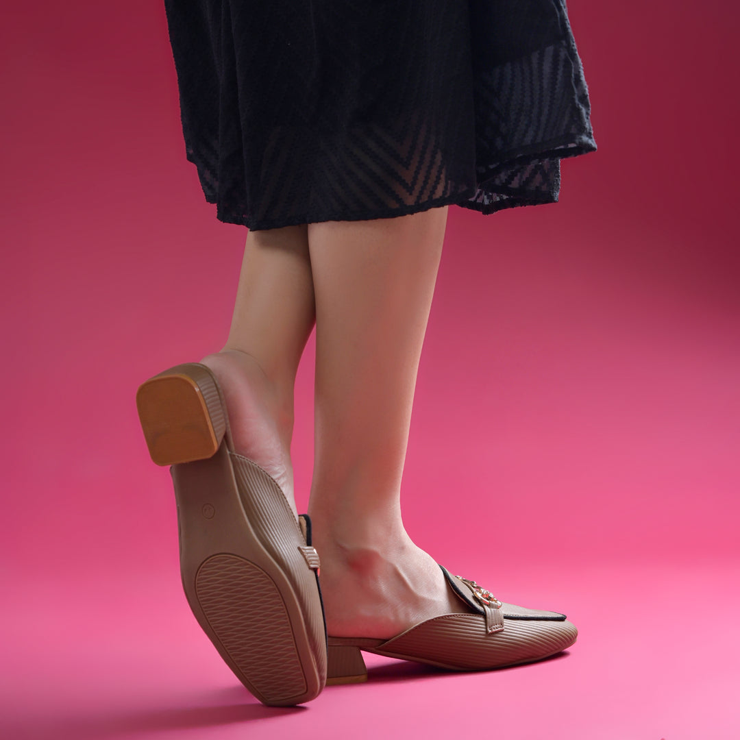 Women's Square Toe Block Heel Mules with Horsebit Detail Slip-On Mules Shoes