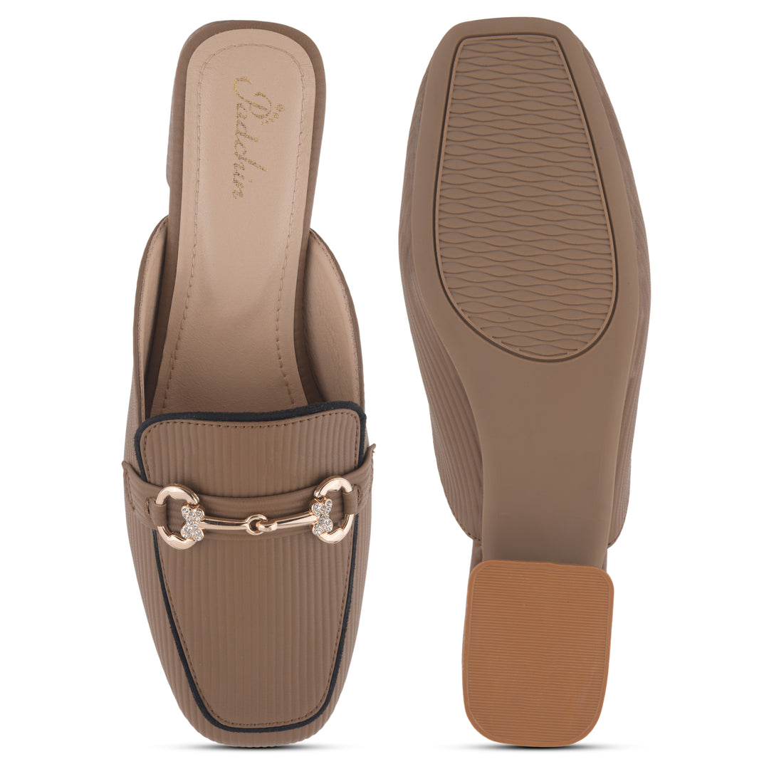 Women's Square Toe Block Heel Mules with Horsebit Detail Slip-On Mules Shoes