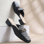 Load image into Gallery viewer, Women's Square Toe Mule Heels with Horsebit Detail Geometric Printed Low Block Heel Mules Shoe