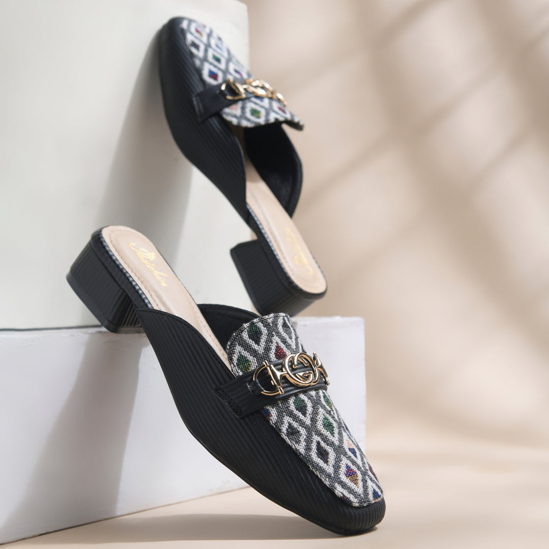 Women's Square Toe Mule Heels with Horsebit Detail Geometric Printed Low Block Heel Mules Shoe