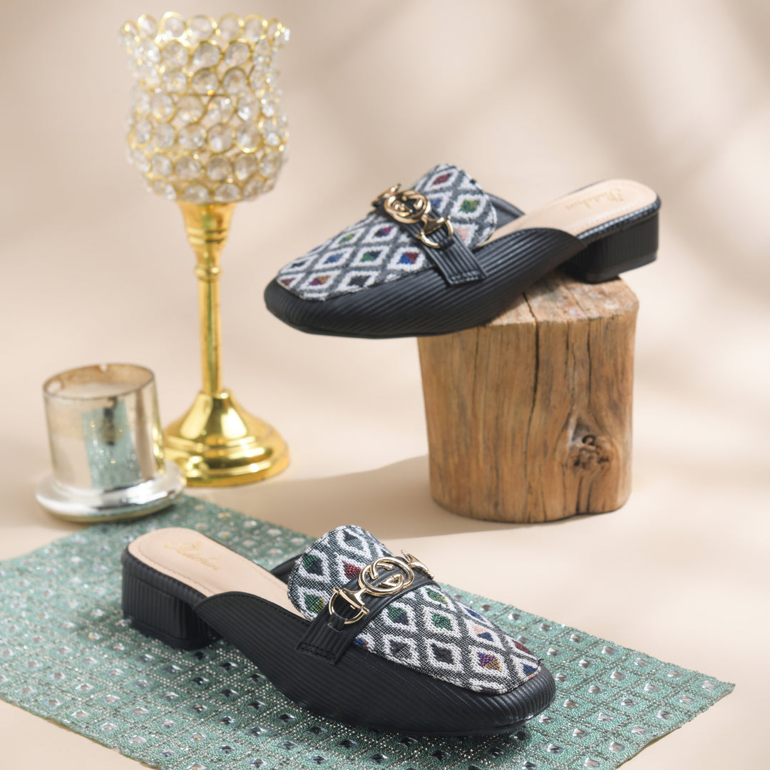 Women's Square Toe Mule Heels with Horsebit Detail Geometric Printed Low Block Heel Mules Shoe