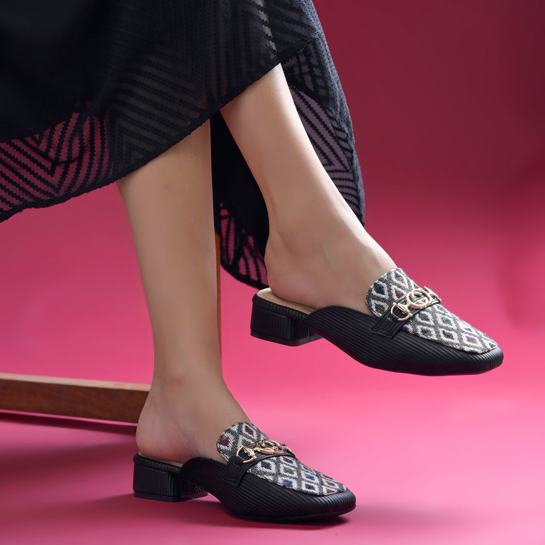 Women's Square Toe Mule Heels with Horsebit Detail Geometric Printed Low Block Heel Mules Shoe
