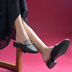 Load image into Gallery viewer, Women's Square Toe Mule Heels with Horsebit Detail Geometric Printed Low Block Heel Mules Shoe