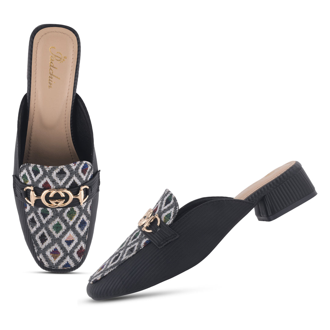 Women's Square Toe Mule Heels with Horsebit Detail Geometric Printed Low Block Heel Mules Shoe