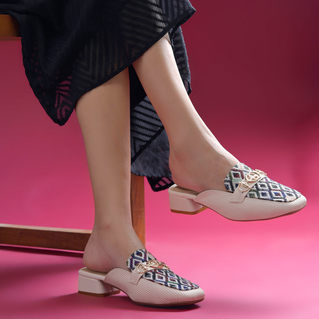 Women's Square Toe Mule Heels with Horsebit Detail Geometric Printed Low Block Heel Mules Shoe
