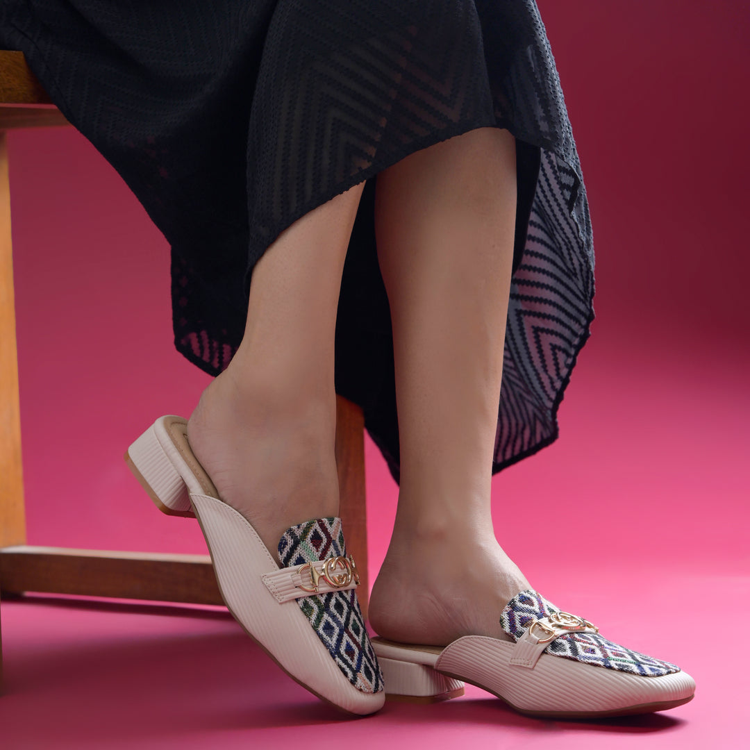 Women's Square Toe Mule Heels with Horsebit Detail Geometric Printed Low Block Heel Mules Shoe