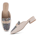 Load image into Gallery viewer, Women's Square Toe Mule Heels with Horsebit Detail Geometric Printed Low Block Heel Mules Shoe