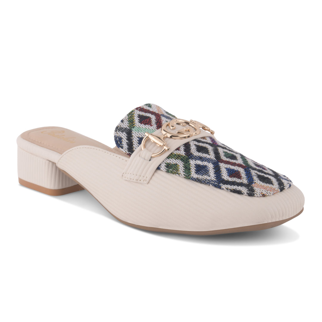 Women's Square Toe Mule Heels with Horsebit Detail Geometric Printed Low Block Heel Mules Shoe