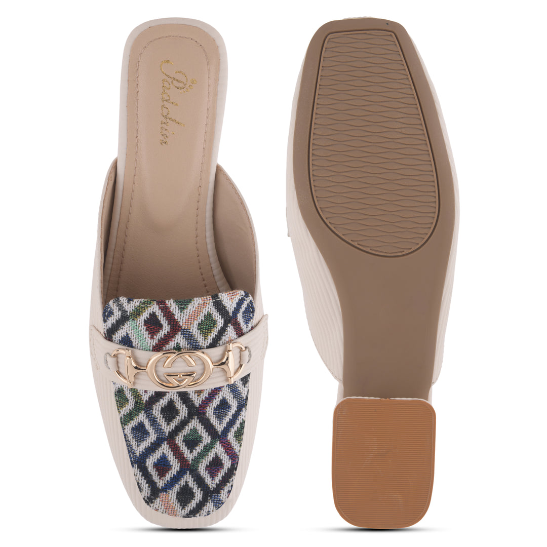 Women's Square Toe Mule Heels with Horsebit Detail Geometric Printed Low Block Heel Mules Shoe