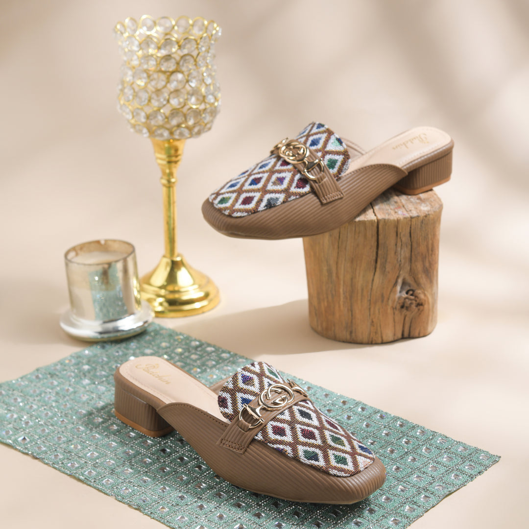 Women's Square Toe Mule Heels with Horsebit Detail Geometric Printed Low Block Heel Mules Shoe