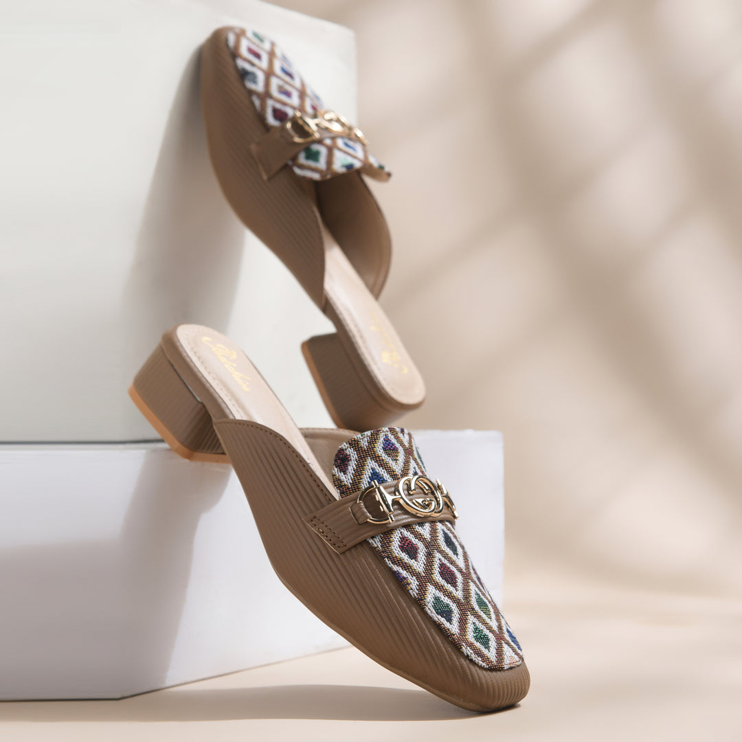 Women's Square Toe Mule Heels with Horsebit Detail Geometric Printed Low Block Heel Mules Shoe