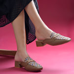 Load image into Gallery viewer, Women's Square Toe Mule Heels with Horsebit Detail Geometric Printed Low Block Heel Mules Shoe