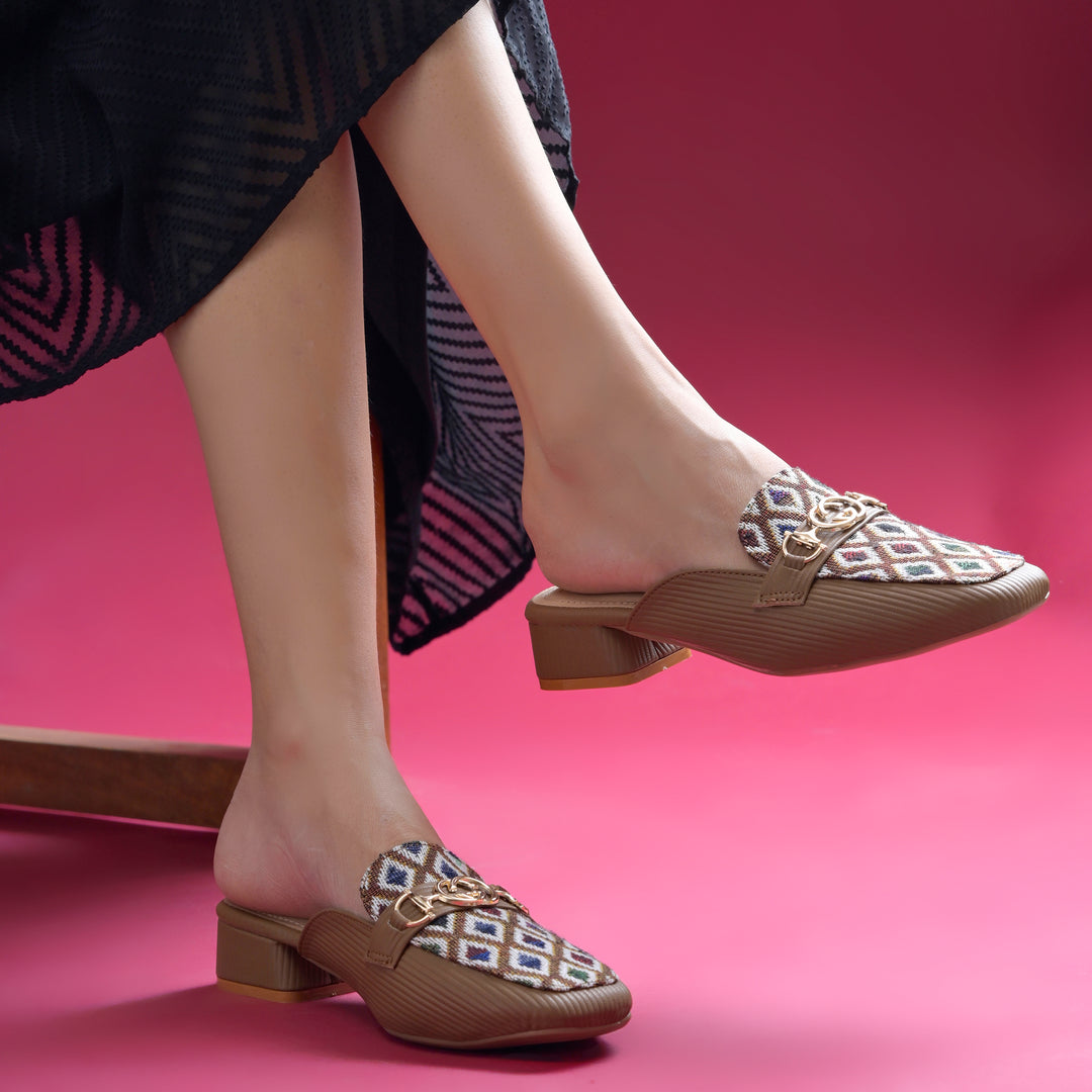 Women's Square Toe Mule Heels with Horsebit Detail Geometric Printed Low Block Heel Mules Shoe
