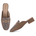 Load image into Gallery viewer, Women's Square Toe Mule Heels with Horsebit Detail Geometric Printed Low Block Heel Mules Shoe