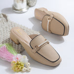 Load image into Gallery viewer, Women's Pearl Chain Mules Ribbed SquareToe Slip On Block Heel Mule Shoes