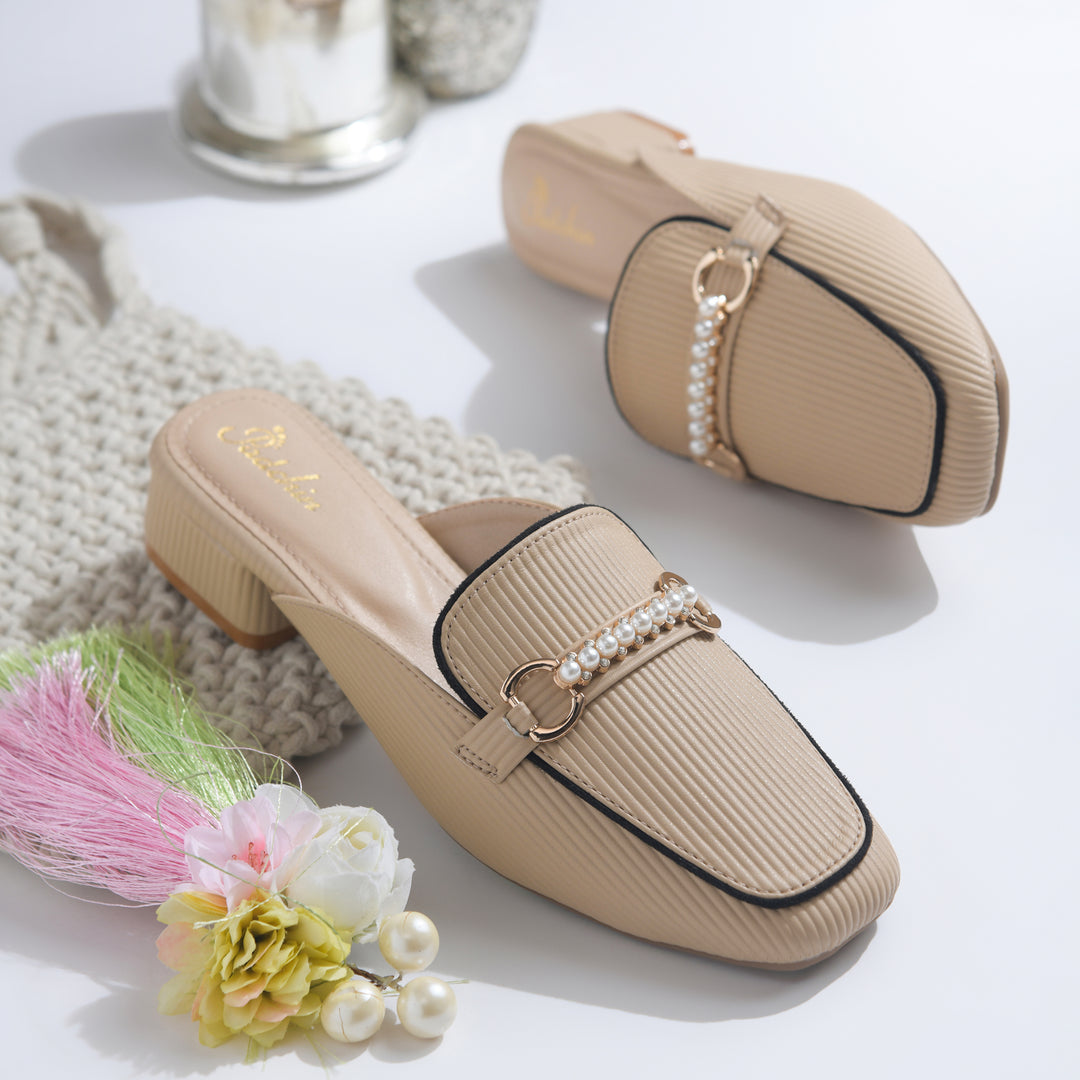 Women's Pearl Chain Mules Ribbed SquareToe Slip On Block Heel Mule Shoes
