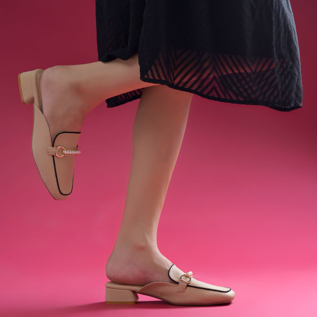 Women's Pearl Chain Mules Ribbed SquareToe Slip On Block Heel Mule Shoes