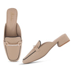 Load image into Gallery viewer, Women's Pearl Chain Mules Ribbed SquareToe Slip On Block Heel Mule Shoes