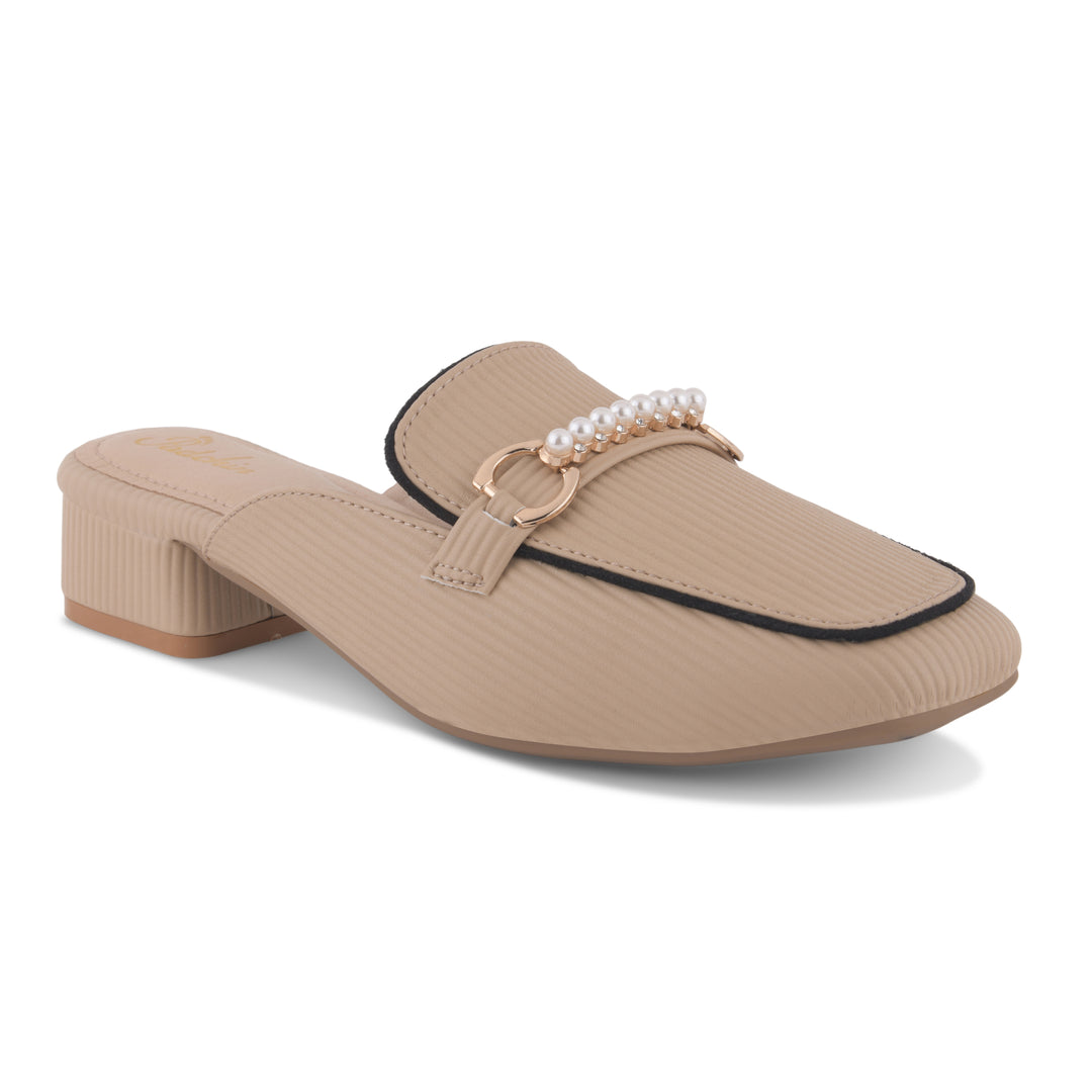 Women's Pearl Chain Mules Ribbed SquareToe Slip On Block Heel Mule Shoes