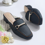 Load image into Gallery viewer, Women's Pearl Chain Mules Ribbed SquareToe Slip On Block Heel Mule Shoes
