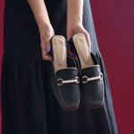 Load image into Gallery viewer, Women's Pearl Chain Mules Ribbed SquareToe Slip On Block Heel Mule Shoes