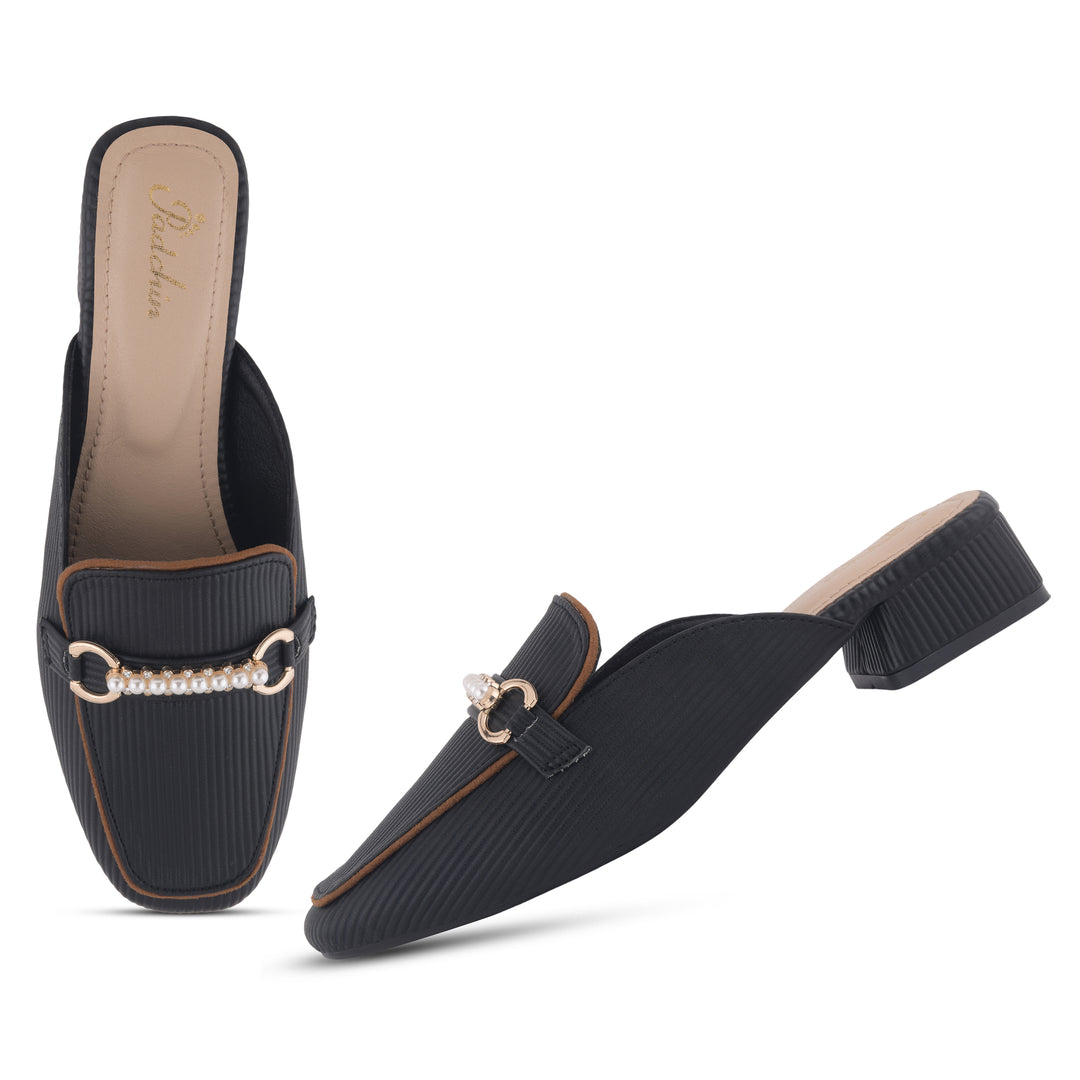 Women's Pearl Chain Mules Ribbed SquareToe Slip On Block Heel Mule Shoes