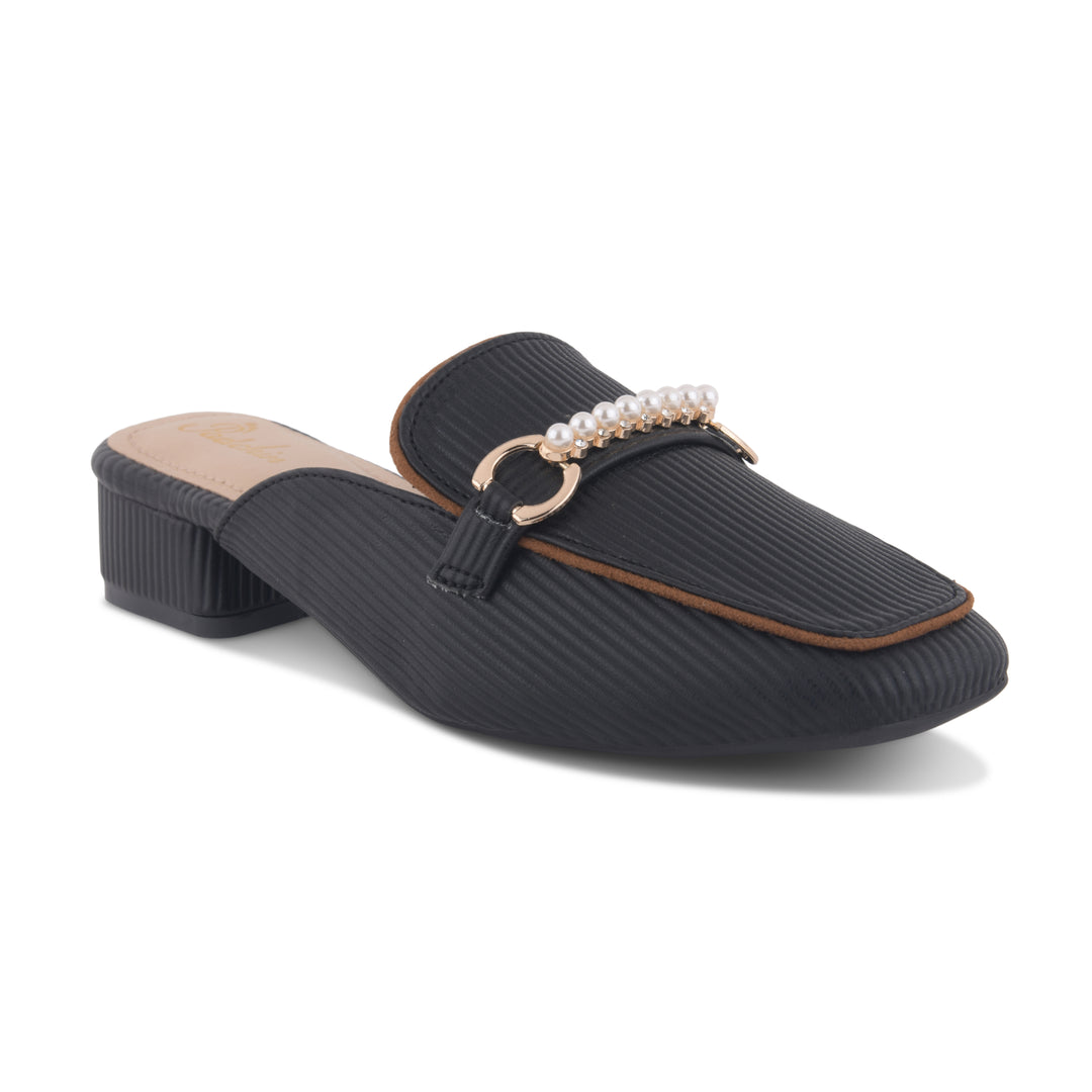 Women's Pearl Chain Mules Ribbed SquareToe Slip On Block Heel Mule Shoes