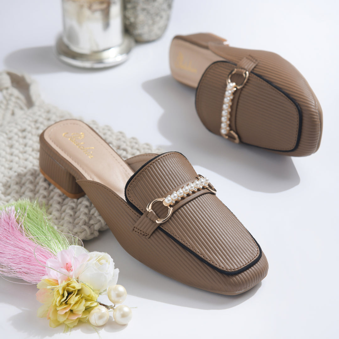 Women's Pearl Chain Mules Ribbed SquareToe Slip On Block Heel Mule Shoes