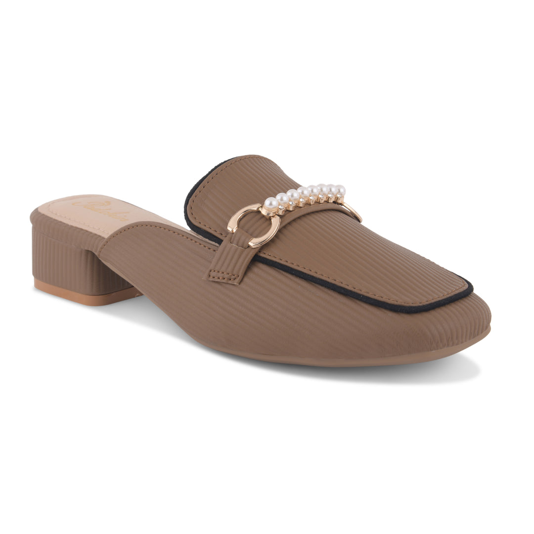 Women's Pearl Chain Mules Ribbed SquareToe Slip On Block Heel Mule Shoes