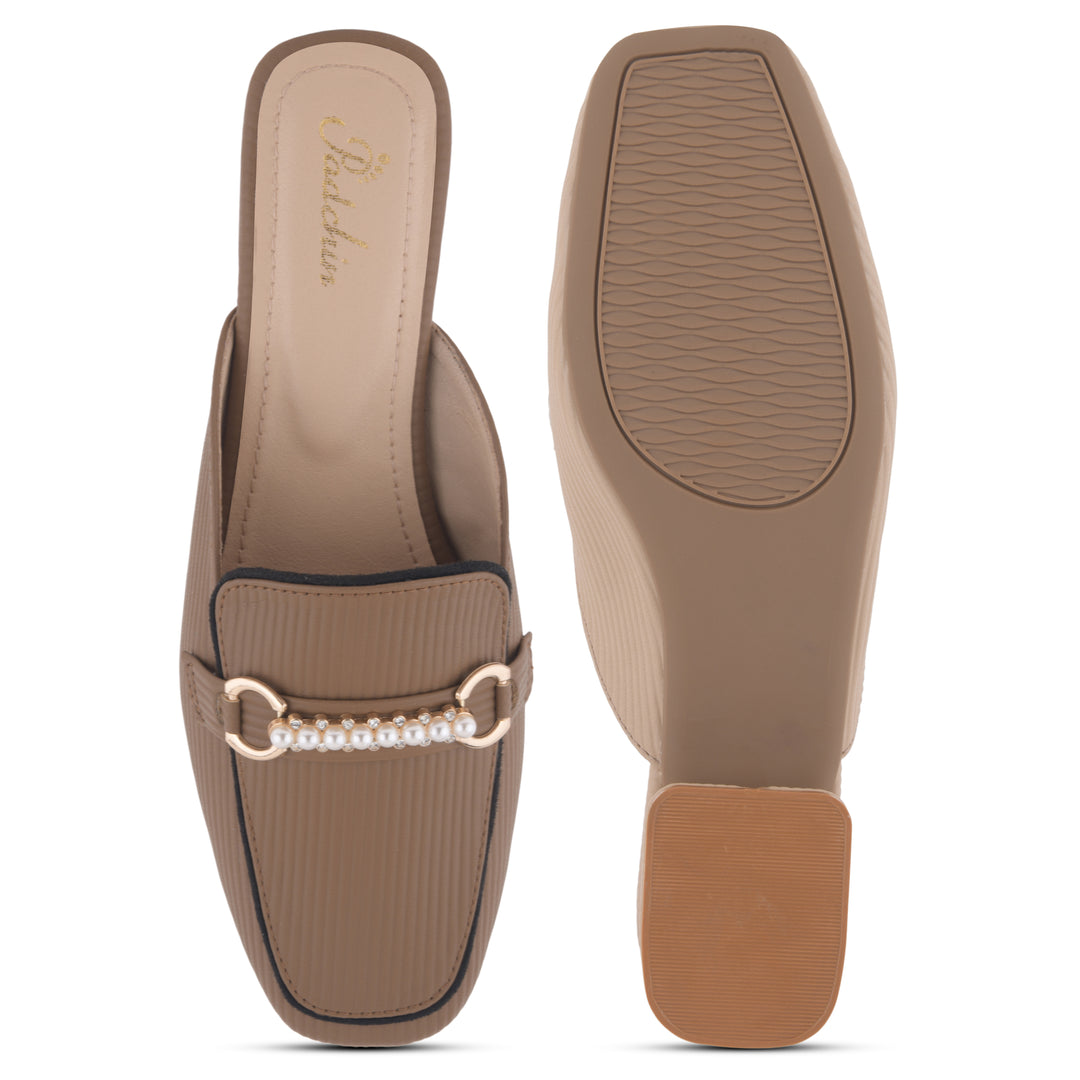 Women's Pearl Chain Mules Ribbed SquareToe Slip On Block Heel Mule Shoes
