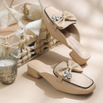 Load image into Gallery viewer, Women's Textured Block Heel Mules Rhinestone Bow Accented Square Toe Slip On Shoes
