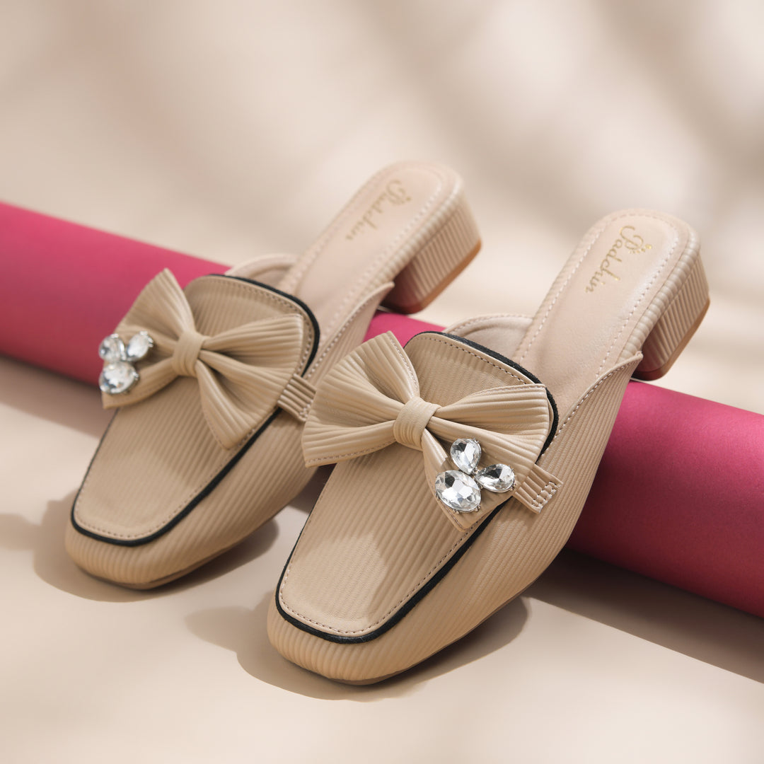 Women's Textured Block Heel Mules Rhinestone Bow Accented Square Toe Slip On Shoes