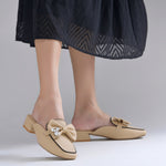 Load image into Gallery viewer, Women's Textured Block Heel Mules Rhinestone Bow Accented Square Toe Slip On Shoes