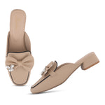 Load image into Gallery viewer, Women's Textured Block Heel Mules Rhinestone Bow Accented Square Toe Slip On Shoes
