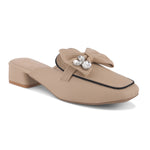 Load image into Gallery viewer, Women's Textured Block Heel Mules Rhinestone Bow Accented Square Toe Slip On Shoes