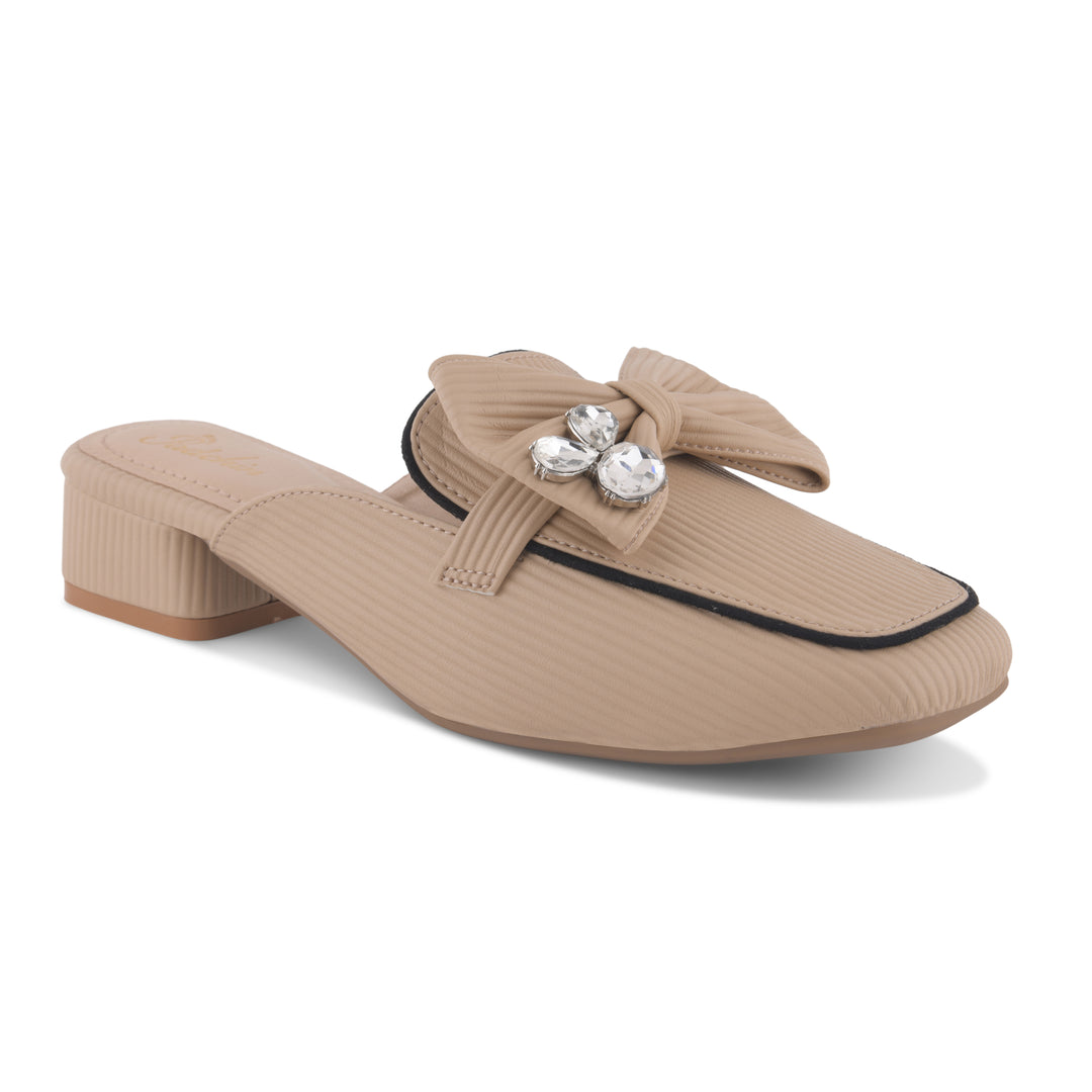 Women's Textured Block Heel Mules Rhinestone Bow Accented Square Toe Slip On Shoes